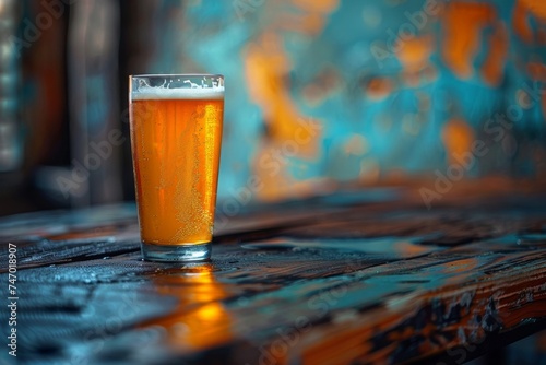Glass of beer on wooden table, copy space, banner