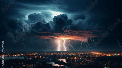 Spectacular thunderstorm with bright flashes and heavy rain in nocturnal urban scene