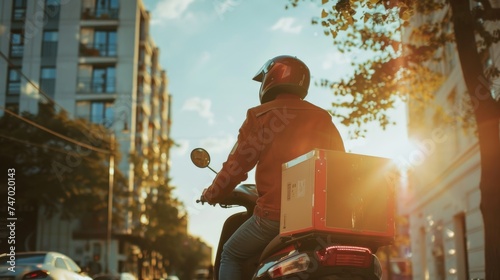 A delivery person rides a motorbike on a city street at sunset, carrying a red insulated box, embodying efficient urban delivery
