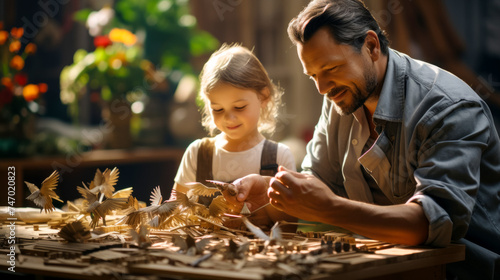 Father's Day banner, father and daughter making wooden toys on the table in the yard of the house, warm summer day