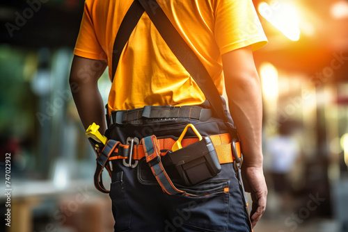 A man wearing a yellow shirt is holding a tool belt
