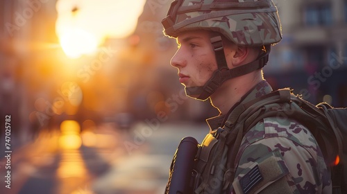 Serene dusk ambiance as a young soldier stands vigilant in urban area. military attire and duty during golden hour. contemporary portrait. AI