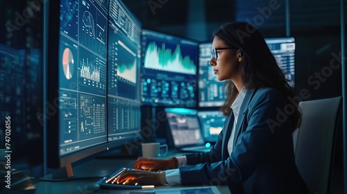 Hispanic Female Senior Data Scientist Reviewing Reports Of Risk Management Department On Big Digital Screen In Monitoring Room. Diverse Consulting Company Employees Working Behind Desktop Computers.