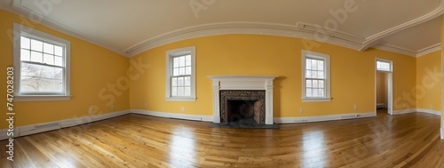 Wide angle panoramic view of yellow walls on large empty room from Generative AI