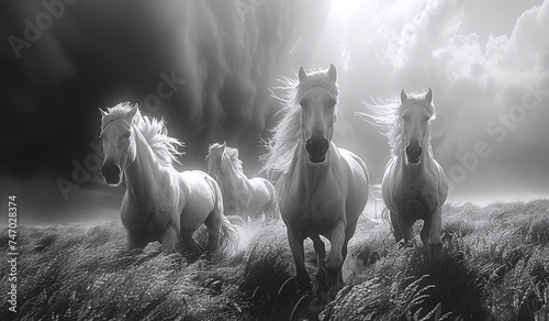 Three majestic white horses galloping in a dramatic black and white landscape with dynamic clouds.