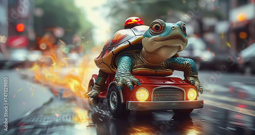 Fantasy illustration of a frog driving a miniature vintage car with rocket boosters on a city street, conveying speed and humor.