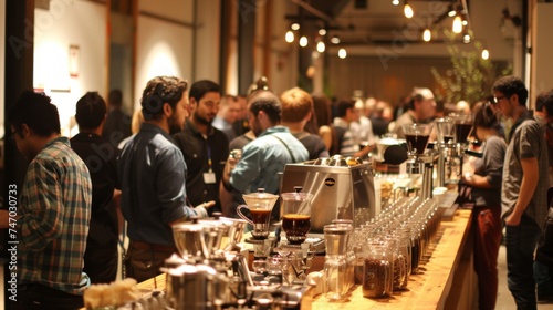 People socializing at a bustling coffee shop event, with baristas preparing beverages in the background.