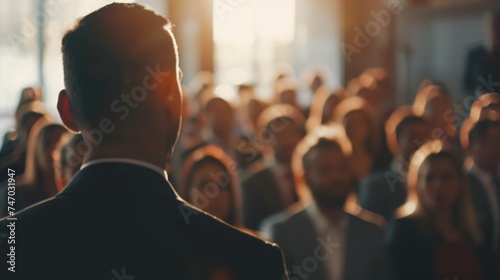 backview of a businessman talking infront of people group class