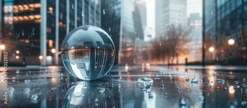 A glass ball sits on top of a wet floor, reflecting a modern office building in the city. Raindrops cover the surface, creating a shimmering effect.