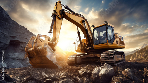 Crawler excavator during earthmoving works. Heavy construction hydraulic equipment. 