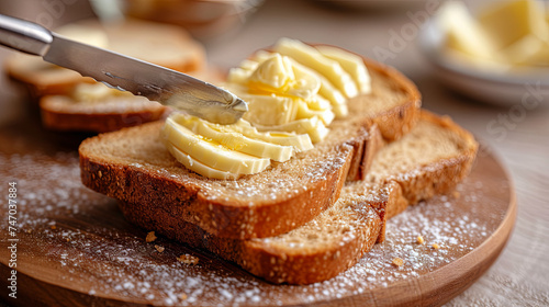 Bread and butter arranged on a wooden surface.