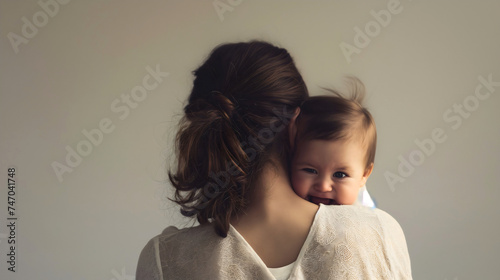 Rearview of the mother holding her newborn infant baby, young mom or female parent bonding together with her happy child. Smiling little baby, son or daughter, joyful togetherness in a home interior