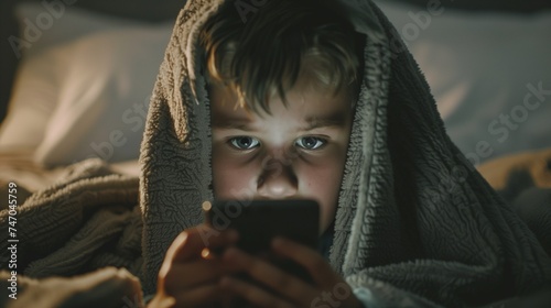 A young boy is intently looking at a smartphone screen symbolizing the potential dangers children face online, including sexual harassment, cyberbullying, and exposure to inappropriate content.