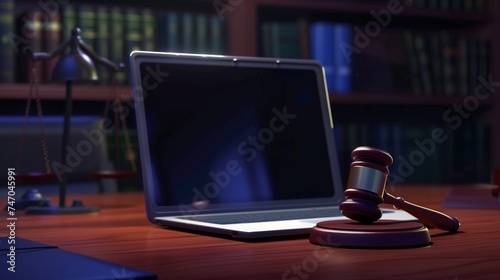 An illustration of a virtual court concept, depicting an online court hearing with a judge, lawyers, and participants connecting remotely through video conferencing technology.