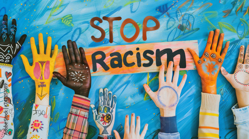 Colorful hands with diversity with message stop racism , antiracism concept image background