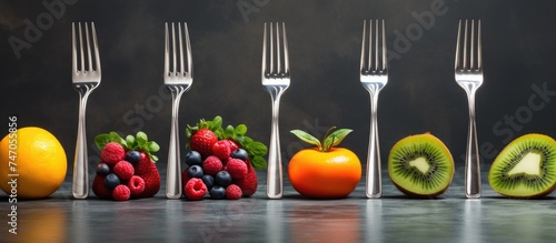 A collection of silver forks lined up neatly, each skewering a different fruit or vegetable, against a plain grey backdrop. The image showcases a variety of colorful and nutritious produce