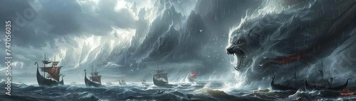 Fenrir's howl, Viking longships in the foreground, stormy Nordic seascape