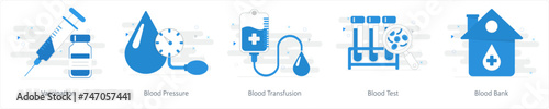 A set of 5 Mix icons as vaccination, blood pressure, blood transfusion
