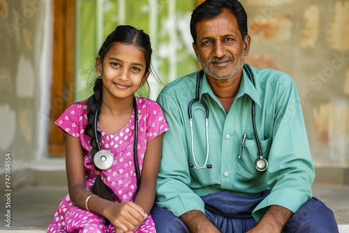 A 13 year old indian girl playing with stethoscope sitting in a local Andhra Pradesh medical clinic sitting beside her 35 year old father wearing lungi and plain green shirt