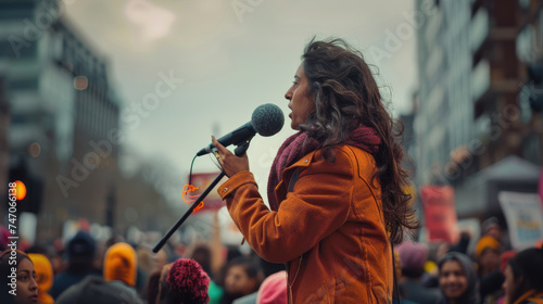 A woman confidently addresses a large crowd, speaking into a microphone with passion and conviction