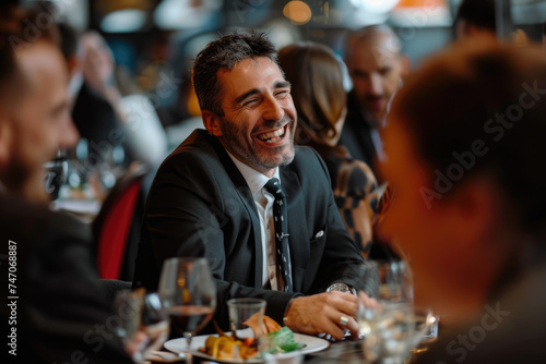 Cheerful coworkers bussiness talk and have fun during business lunch in restaurant