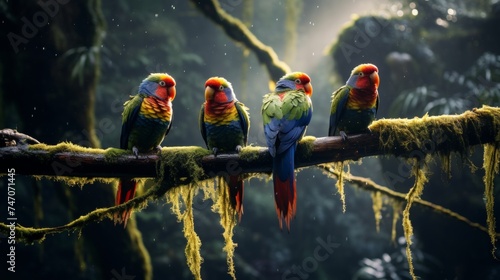 Vibrant rainforest canopy teeming with exotic birds, monkeys, and unseen creatures
