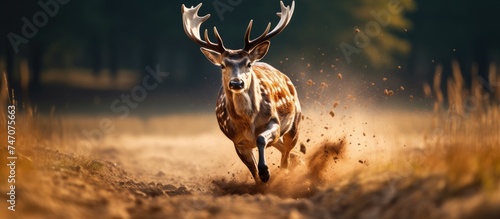 A fallow deer, scientifically known as Dama dama, is captured in a close-up shot as it runs energetically through a field filled with tall grass in the Czech Republic.