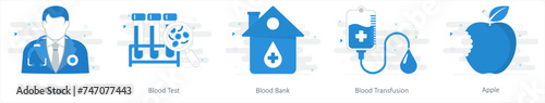 A set of 5 mix icons as doctor, blood test, blood bank