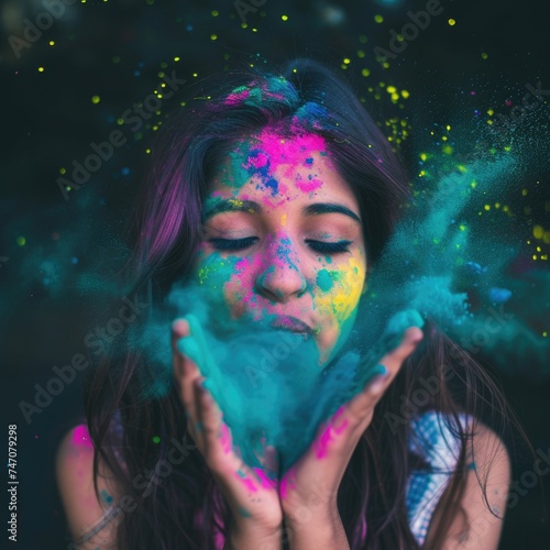 Colourful confetti in the air - Captivating woman with colorful powder on her face. Fictional Character Created By Generated By Generated AI.