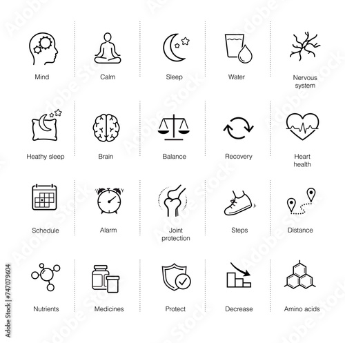 Vitality icon set for healthy lifestyle, human-improving products.The outline icons are well scalable and editable. Contrasting elements are good for different backgrounds. EPS10.
