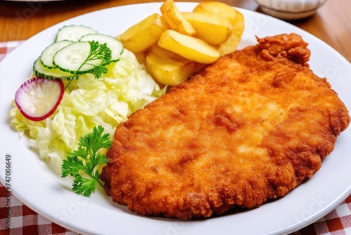 Traditional Polish Chop, Breaded Cutlet, Roasted Pork Steak in Breadcrumbs with Fresh Cabbage Salads