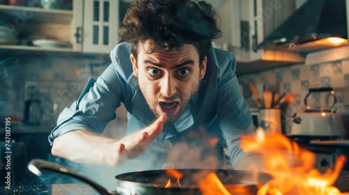 Burn Pain from Cooking - A cook accidentally touching a hot pan, recoiling with a pained expression as they assess the burn. 