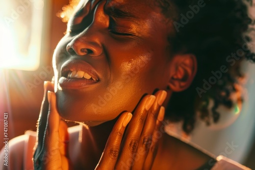 Jaw Pain from Grinding Teeth - A person massaging their jaw in the morning, feeling the effects of grinding their teeth at night. 