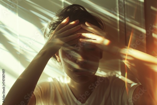 Migraine in a Bright Room - Someone covering their eyes and cringing as sunlight streams in, exacerbating their migraine headache. 