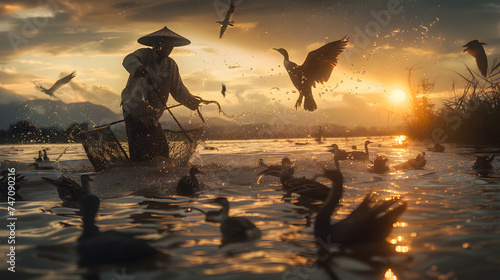 Bring to life the vibrant spirit of the fishermen community in China. a local fisherman as he deftly guides his flock of waterfowl. the connection between man and bird.