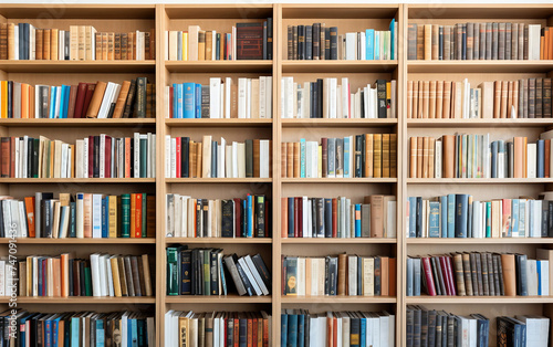 Rows of Books Sorted by Genre on Library Shelves Isolated on Transparent Background PNG.
