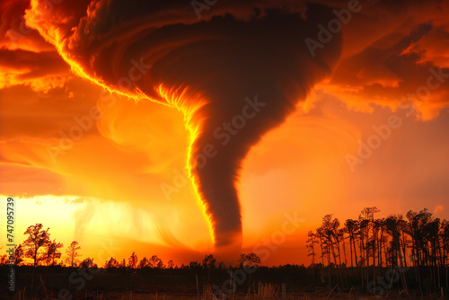 A large tornado, dark dramatic orange sky. Natural disaster.