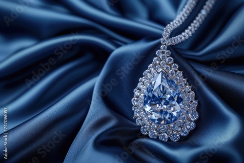 Elegant Diamond Necklace on Blue Satin. Generative AI