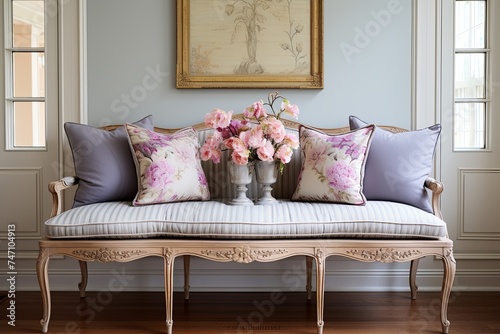 French Provincial Dining Room: Pastel Cushions and Cozy Bench Delight