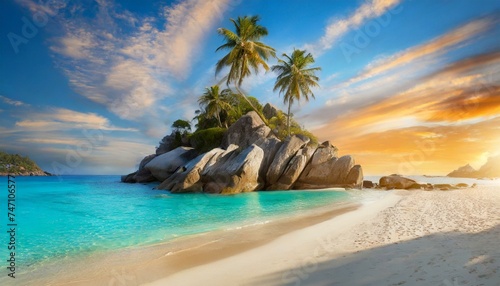 Rural tropic beach on an empty island. Rocky cliffs and palms. Lagoon with clear blue water. Ideal exotic vacation