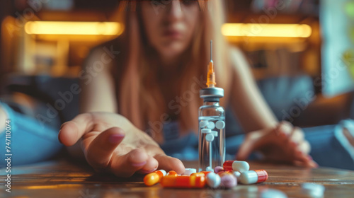 Anti drug, drug addict young woman, girl hand reaching for syringe, medicament with narcotic on table at home, abuse overdose. Sick pain of health, unhealthy people. Suicide depressed or despair.