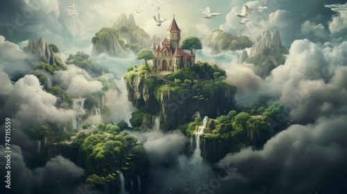 Enchanting fairy tale castle on lush hill with turrets reaching skyward under fluffy clouds