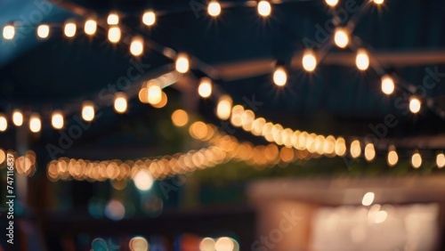 Defocused restaurant with outdoor string lights on a blurred background
