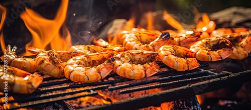 Shrimp cooking on a grill with flames visible, creating a sizzling and flavorful outdoor BBQ or picnic dish.