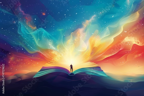 Illustration of a man standing in front of an open book with magic effect. Abstract background for World Poetry Day 