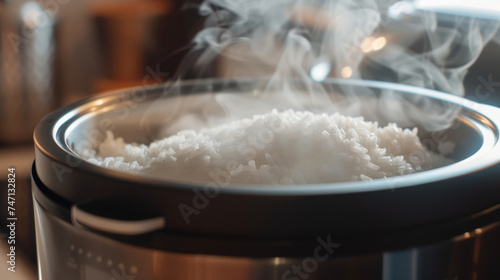 A closeup of the steam vent on the lid of a rice cooker releasing hot steam while cooking rice.