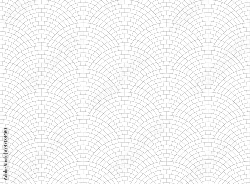 Black and white geometric grid. Small square tiles arranged in concentric arches. Mosaic flooring with a traditional design in pebbles or porphyry. Seamless repeating pattern.