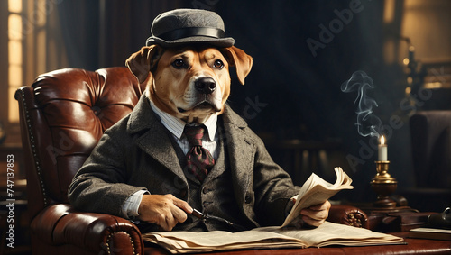 a dog in a suit and bowler hat sits in a chair reading a newspaper, detective