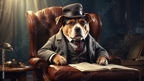 a dog in a suit and bowler hat sits in a chair reading a newspaper, detective