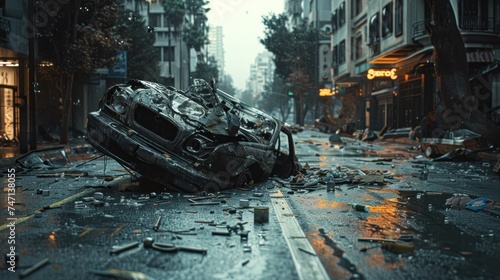 Urban disarray showcased by flipped car aftermath